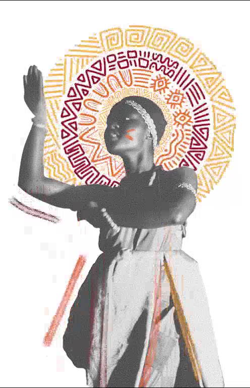 Edited image of young Ghanaian lady dressed in traditional attire with one hand up in adowa dance gesture.